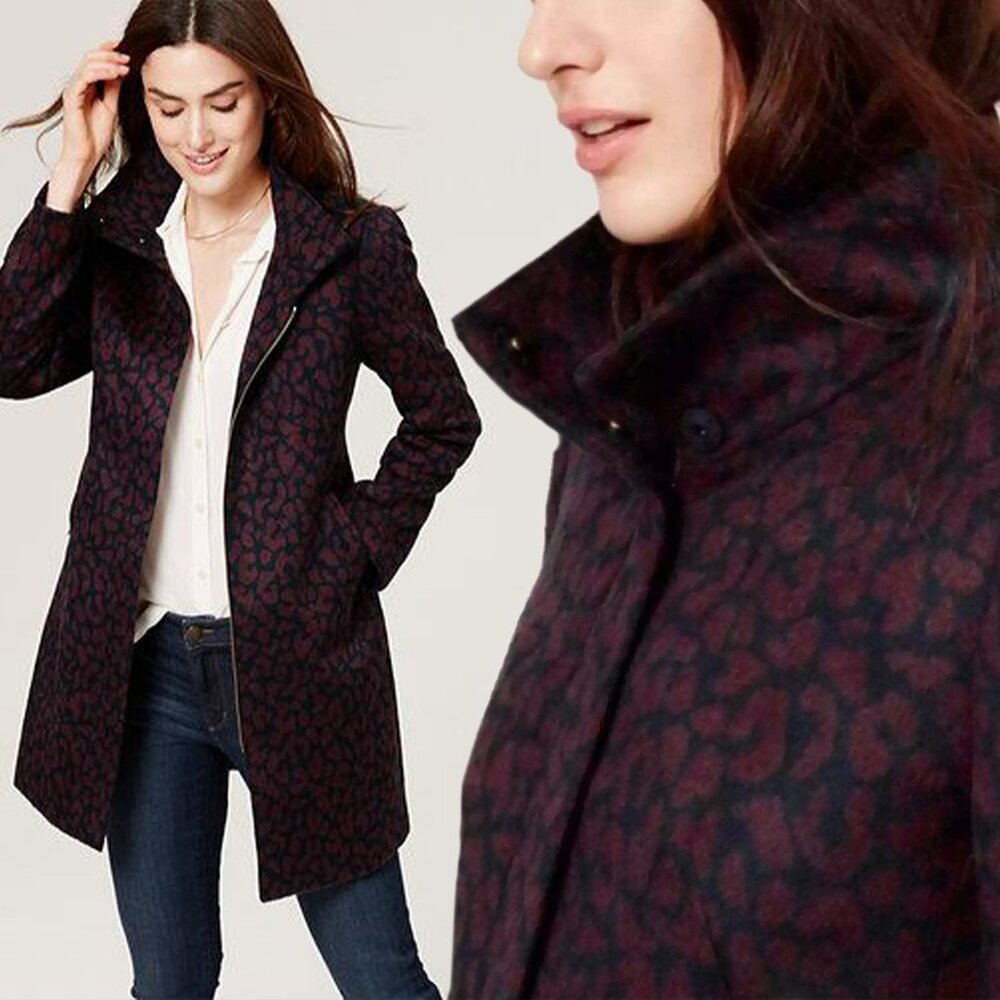 Loft Navy Coat Burgundy Red Leopard